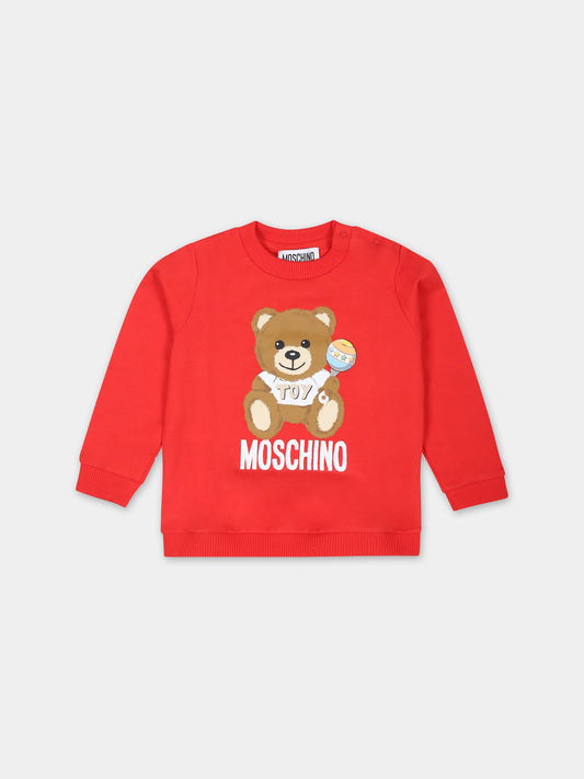 Felpa rossa per neonati con Teddy Bear e logo,Moschino Kids,MMF04Q LCA19 50109