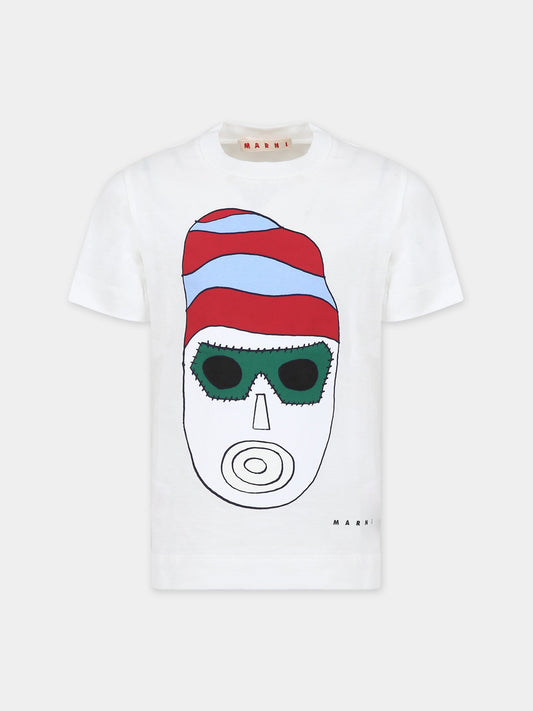 T-shirt bianca per bambini con stampa maschera e logo