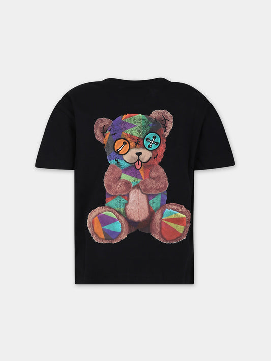 T-shirt nera per bambini con orso e logo