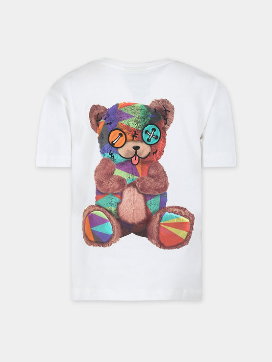 T-shirt bianca per bambini con orso e logo
