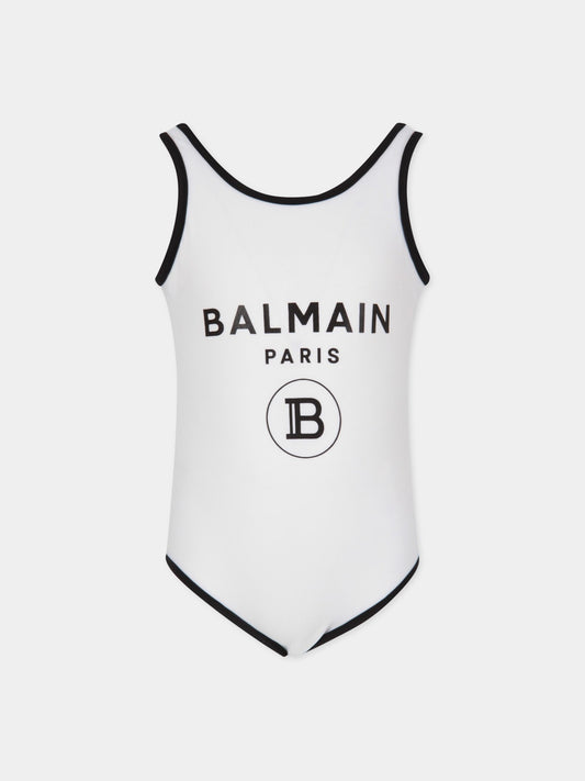 Costume intero bianco con doppio logo per bambina,Balmain Kids,6M0059 MX400 100