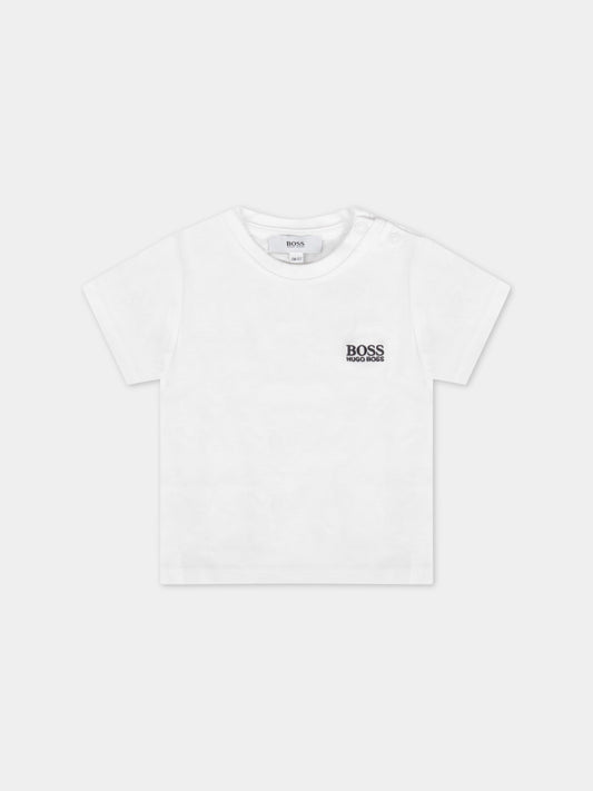 T-shirt bianca per neonato con logo blu,Hugo Boss,J05P01 10B