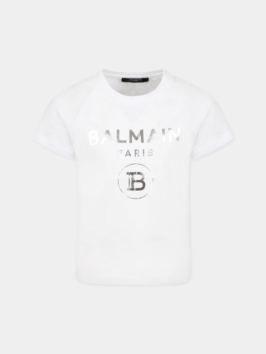 T-shirt bianca per bambini con doppio logo,Balmain Kids,6O8101 OX390 100AG