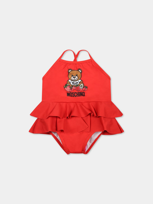 Costume rosso da bagno per neonata con teddy bear,Moschino Kids,MDL00I LKA00 50109