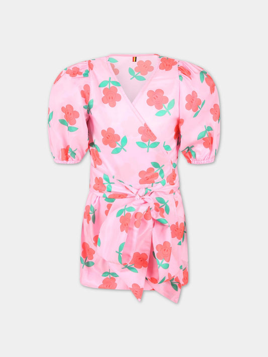 Vestito rosa per bambina con fiori rossi,Caroline Bosmans,4012-18-01 HAHA FLOWER