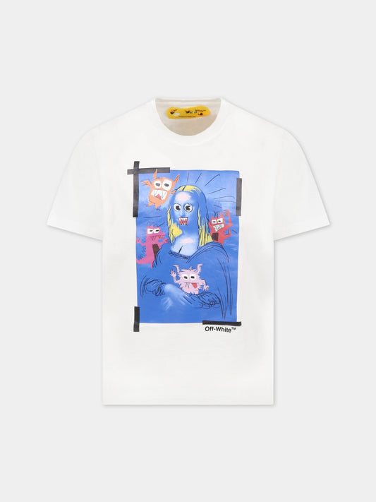 T-shirt bianca per bambini con Gioconda e logo,Off White,OBAA002C99JER0030145