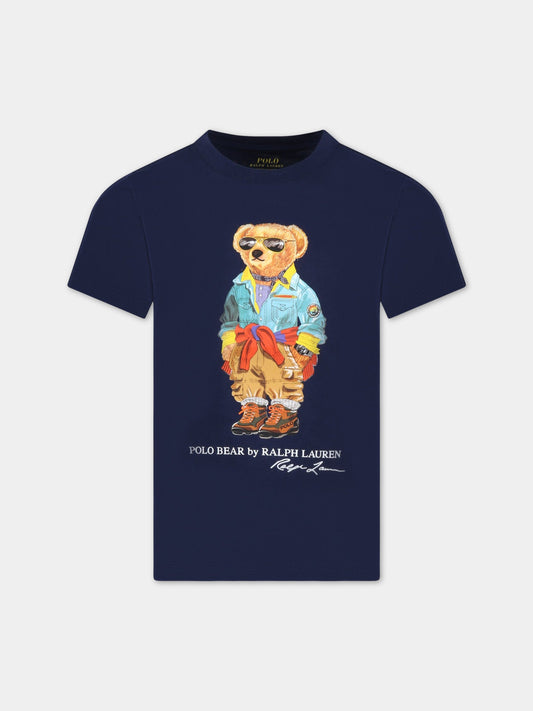 T-shirt blu per bambino con Polo Bear e logo bianco,Ralph Lauren Kids,853828013