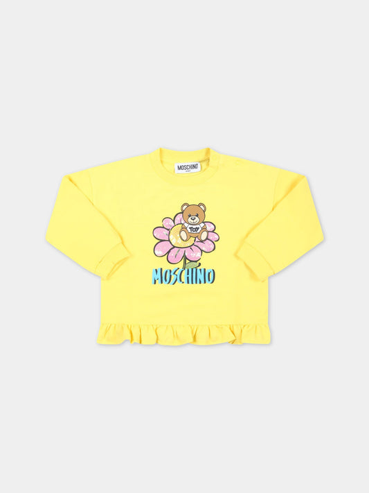 Felpa gialla per neonata con Teddy Bear e rouches,Moschino Kids,MDF02O LDA12 50162