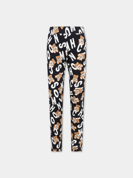 Leggings neri per bambino con logo bianco e Teddy Bear,Moschino Kids,HDP04X LBBB8 84291