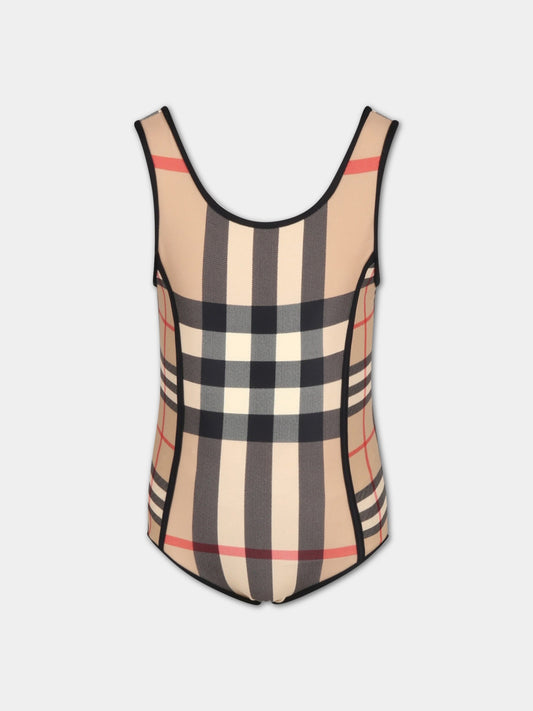 Costume beige da bagno per bambina con check vintage,Burberry Kids,8061849