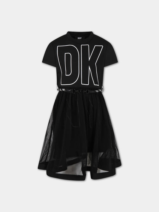Vestito nero per bambina con logo bianco,Dkny,D32867 09B