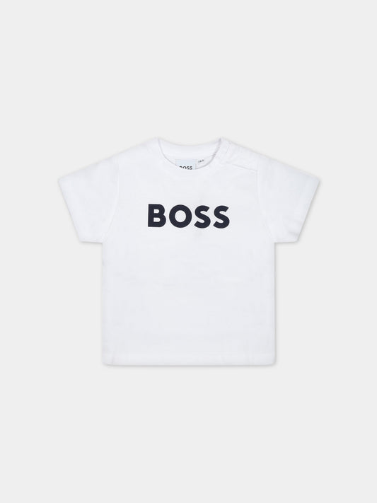T-shirt bianca per neonato con logo blu,Boss,J05P12 10P