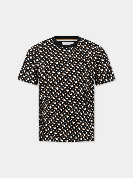 T-shirt nera per bambino con logo all-over,Boss,J25O12 M13