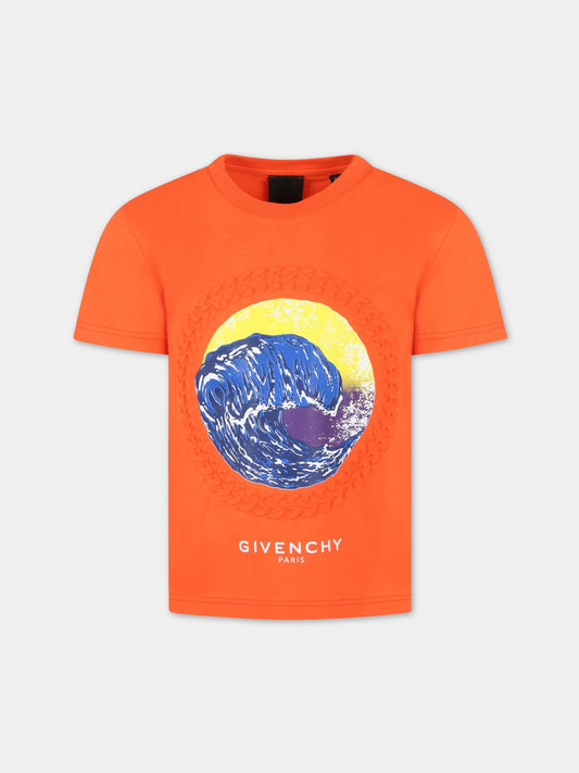 T-shirt arancione con onda e logo,Givenchy Kids,H25411 98B