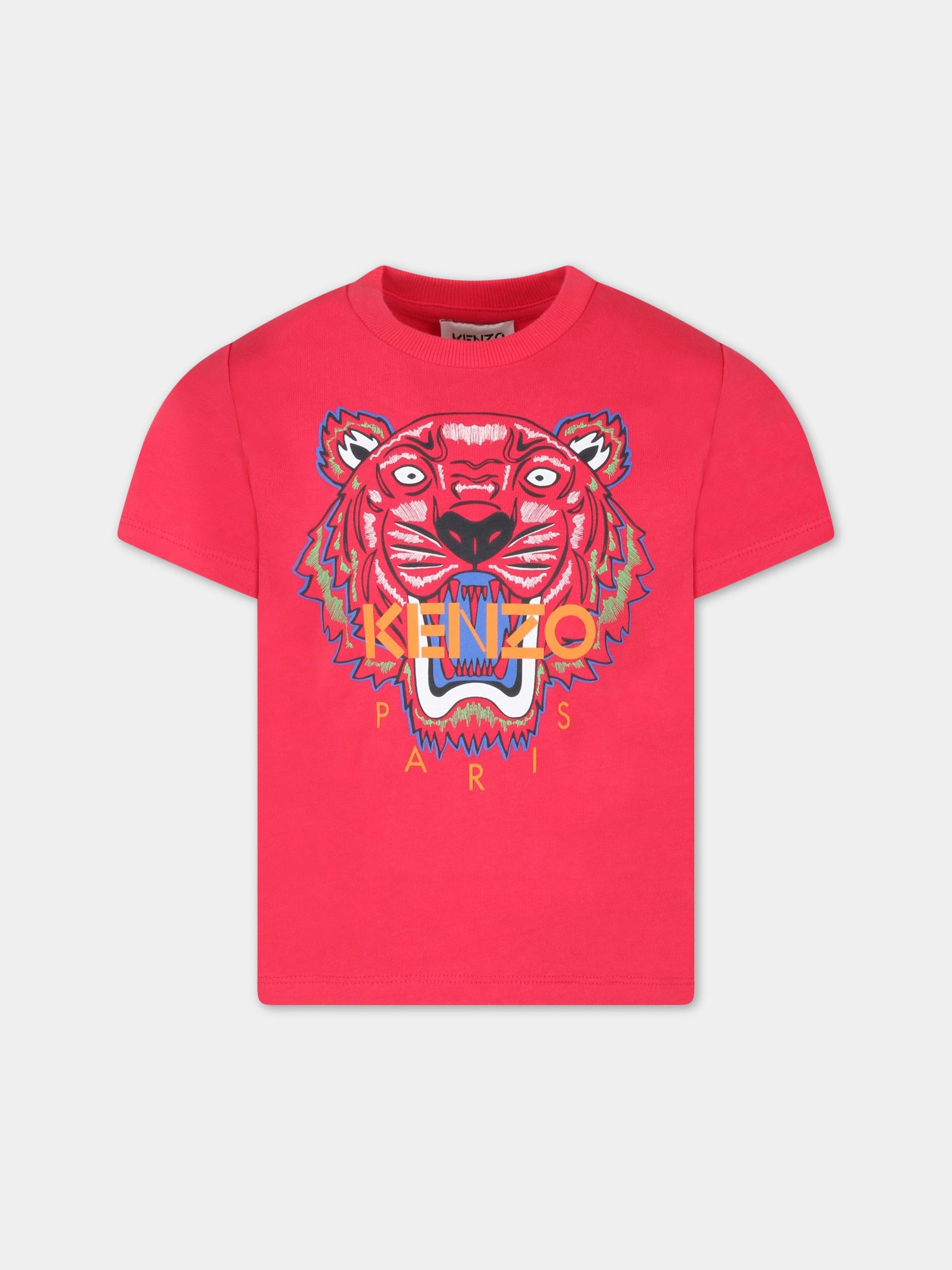 T-shirt fucsia per bambina con tigre e logo,Kenzo Kids,K15655 491