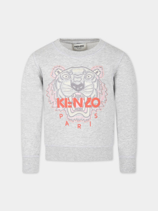 Felpa grigia per bambina con tigre e logo,Kenzo Kids,K15649 A07