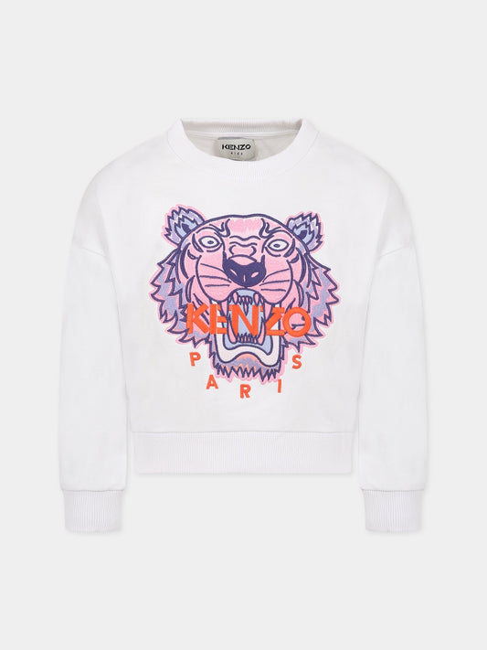 Felpa bianca per bambina con Kotora e logo,Kenzo Kids,K15635 10P