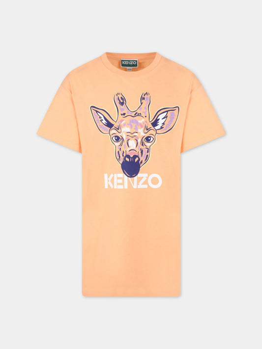 Vestito arancione per bambina con giraffa e logo,Kenzo Kids,K12297 57A