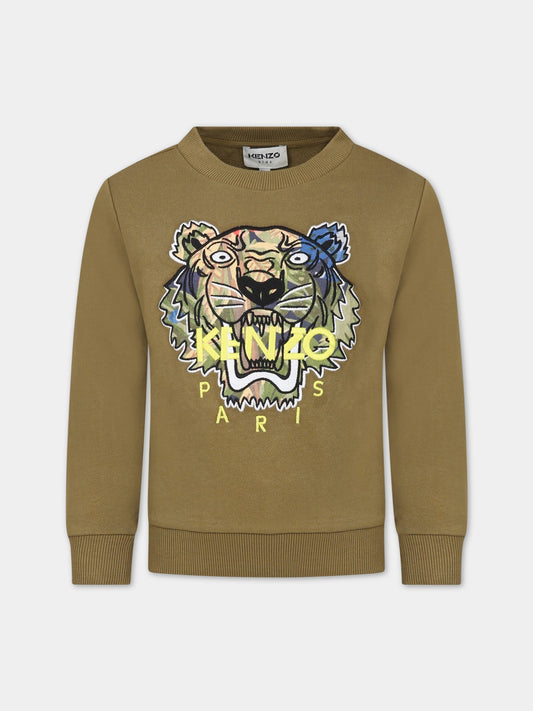 Felpa verde per bambino con iconica tigre e logo,Kenzo Kids,K25795 626
