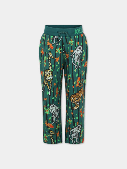 Pantaloni verdi da tuta per bambino con stampa giungla all-over e logo,Kenzo Kids,K24293 678