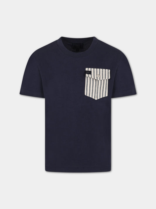 T-shirt blu per bambino con taschino e logo,Fay Kids,FS8P51 Z1173 621