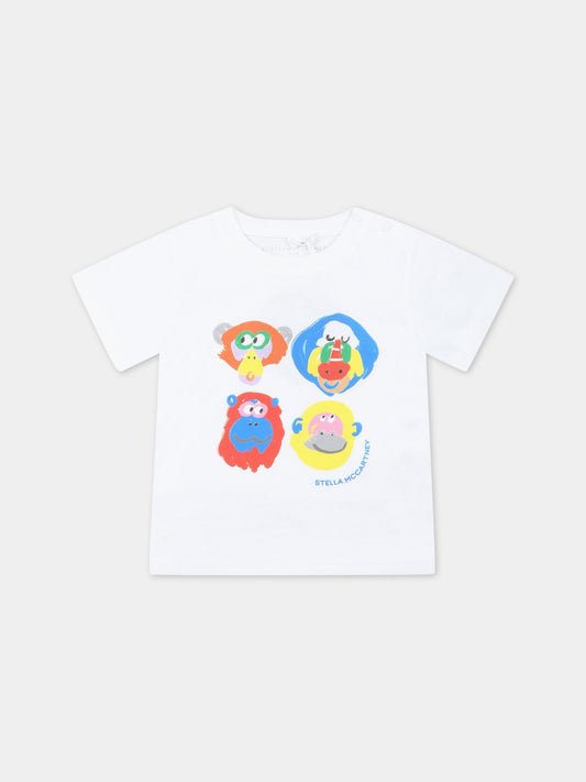 T-shirt bianca per neonato con animali e logo azzurro,Stella Mccartney Kids,TS8621 Z0434 100