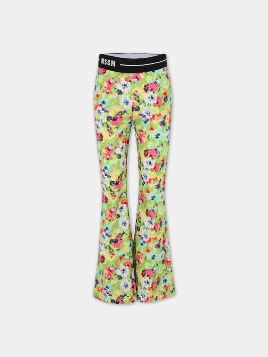 Pantaloni verdi per bambina con fiori e logo,Msgm Kids,MS029493 086