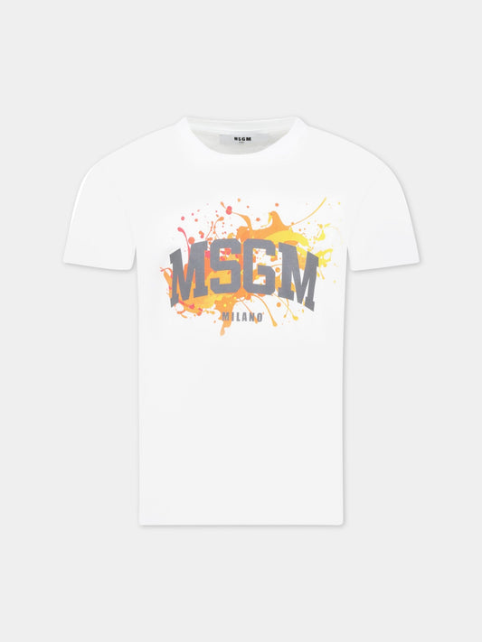 T-shirt bianca per bambino con logo grigio e stampa multicolor,Msgm Kids,MS029545 001