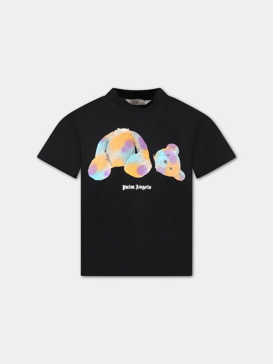 T-shirt nera per bambino con logo bianco e orso,Palm Angels,PBAA001S23JER0031043