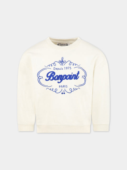 Felpa avorio per bambini con logo blu ricamato,Bonpoint,S03BSWK00002 103