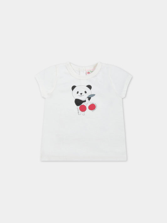 T-shirt bianca per bambina con panda e iconica ciliegia,Bonpoint,S03XTSK00002 102