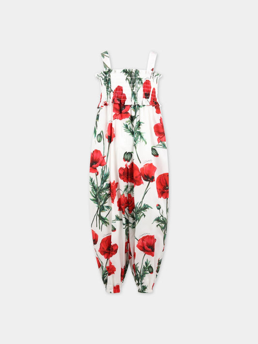 Tuta bianca per bambina con papaveri e logo,Dolce & Gabbana Kids,L53DJ0 HS5O1 HA3VN