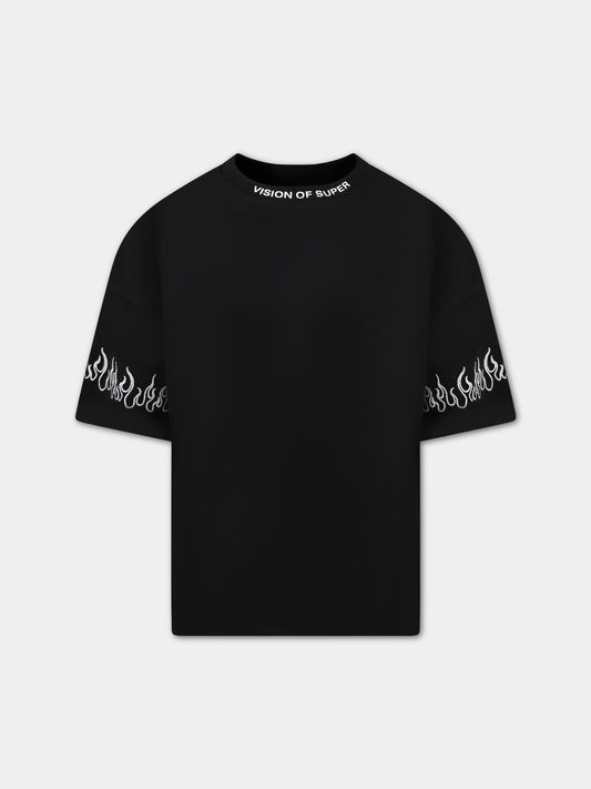 T-shirt nera per bambino con fiamme e logo,Vision Of Super,TSV3100J NERO