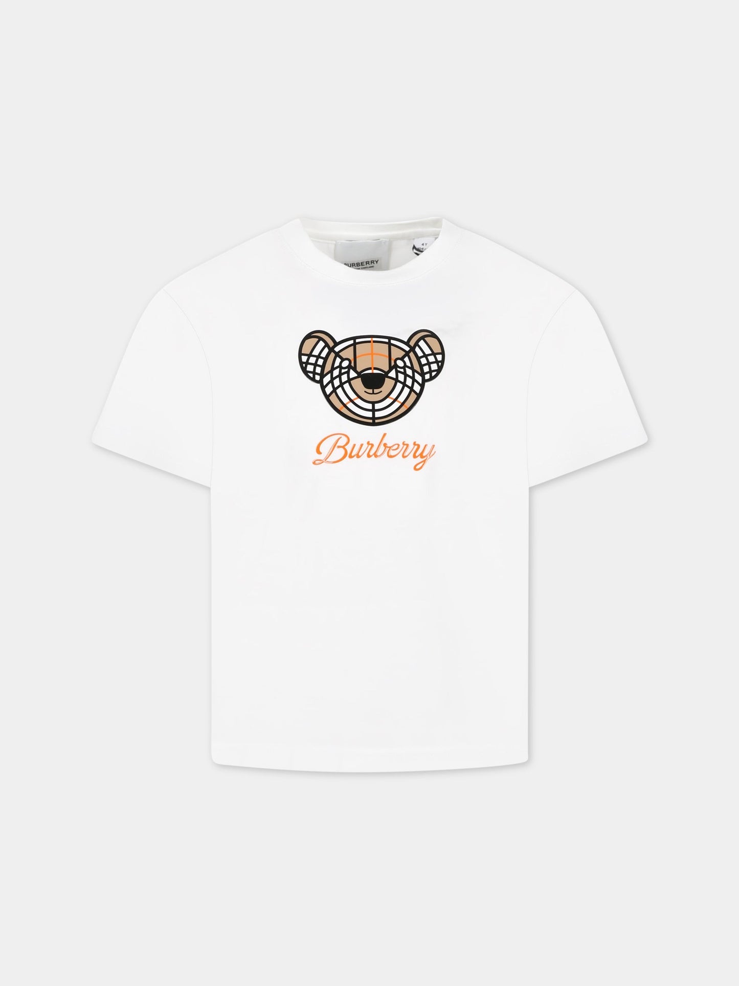 T-shirt bianca per bambino con iconico Thoamas Bear e logo,Burberry Kids,8062151