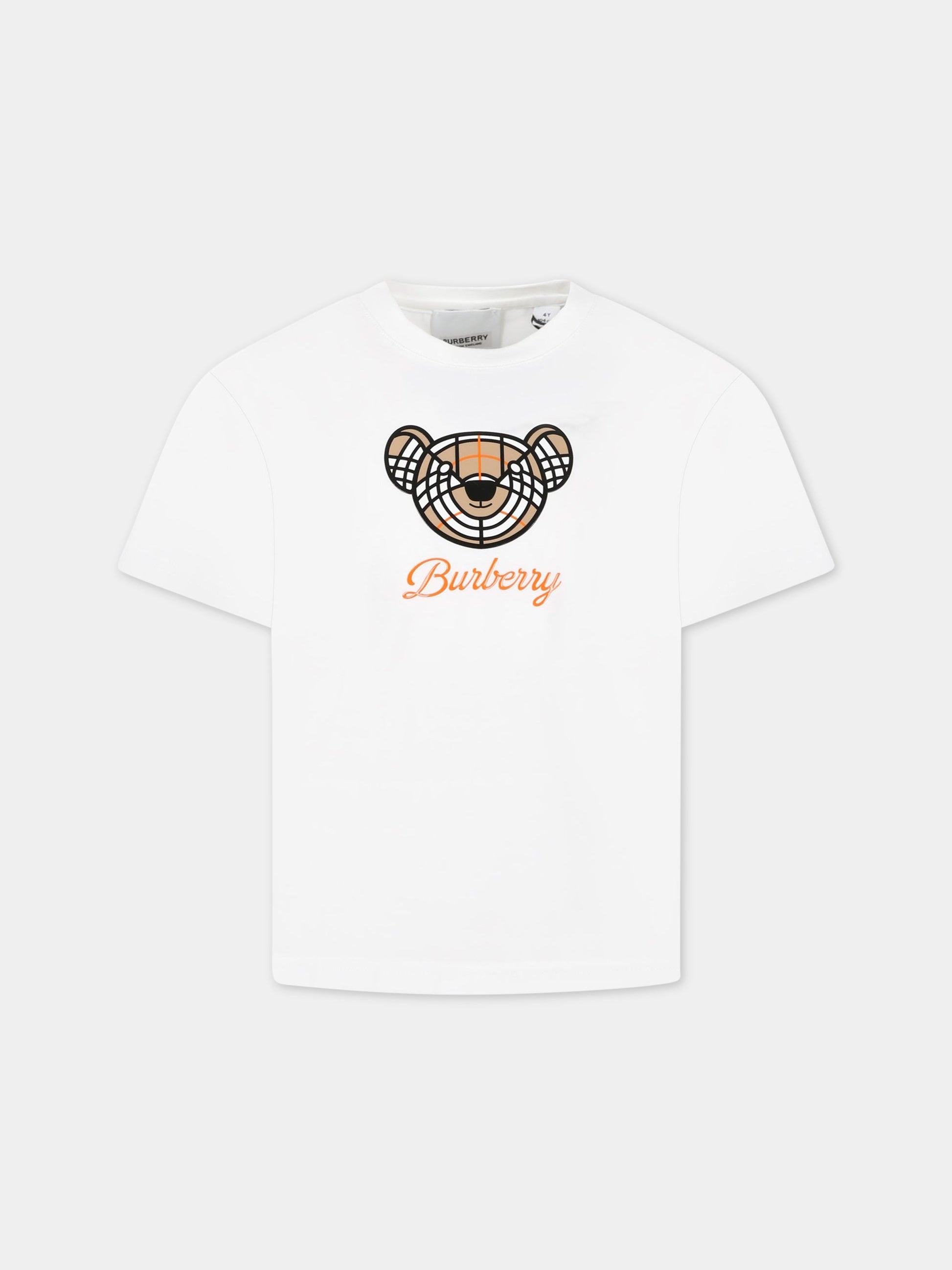 T-shirt bianca per bambino con iconico Thoamas Bear e logo,Burberry Kids,8062151