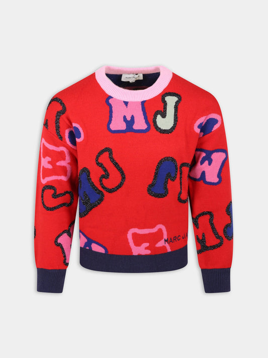 Maglione rosso per bambina con loghi,Little Marc Jacobs,W15638 97E