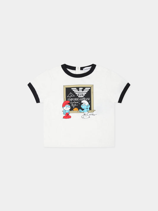 T-shirt bianca per neonato con aquilotto e Puffi,Armani Junior,6RHTJN 3J52Z 0101