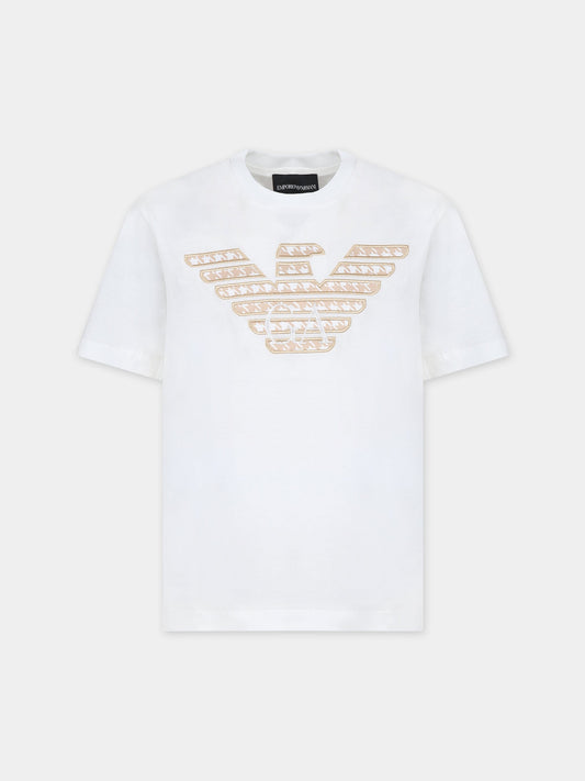 T-shirt bianca per bambino con aquilotto e logo,Armani Junior,6R4TJU 1JPZZ 0122