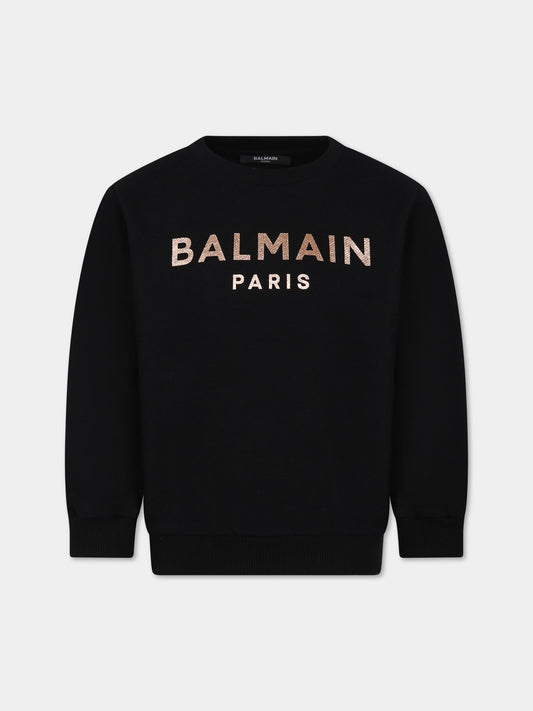 Felpa nera con iconico logo metallizzato per bambina,Balmain Kids,BT4A60 Z0001 930