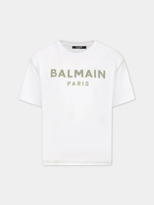 T-shirt bianca per bambini con logo,Balmain Kids,BT8Q11 Z0082 100