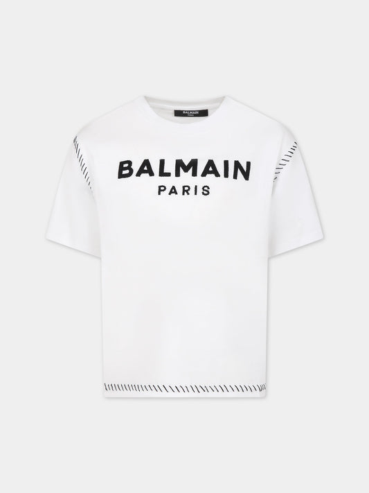 T-shirt bianca per bambini con logo,Balmain Kids,BT8Q11 Z0082 100NE
