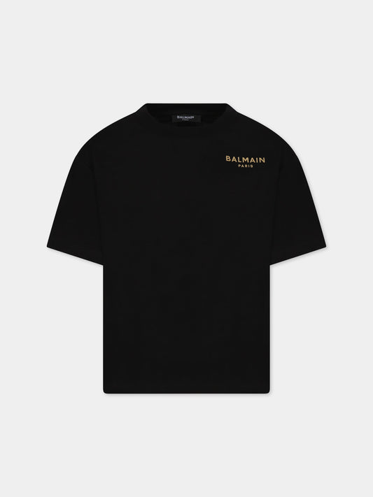 T-shirt nera con iconico logo dorato per bambini,Balmain Kids,BT8Q91 Z0116 930OR