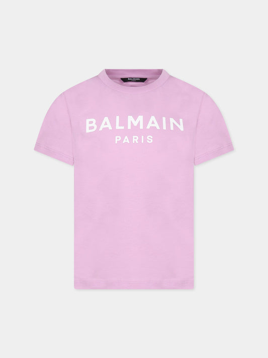 T-shirt viola per bambina con logo,Balmain Kids,BT8P41 Z0082 519BC