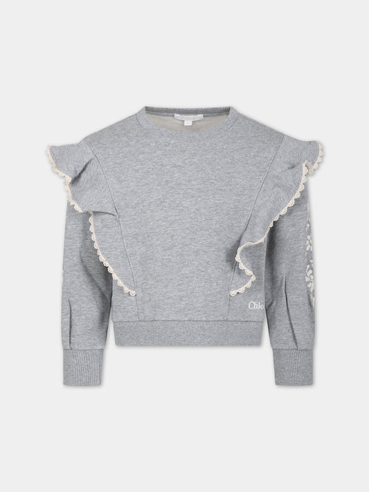 Felpa grigia con ricami per bambina,Chloé Kids,C15E25 A38