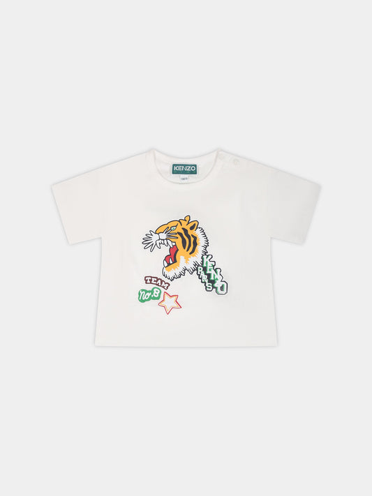 T-shirt bianca per neonato con tigre e logo,Kenzo Kids,K05505 12P