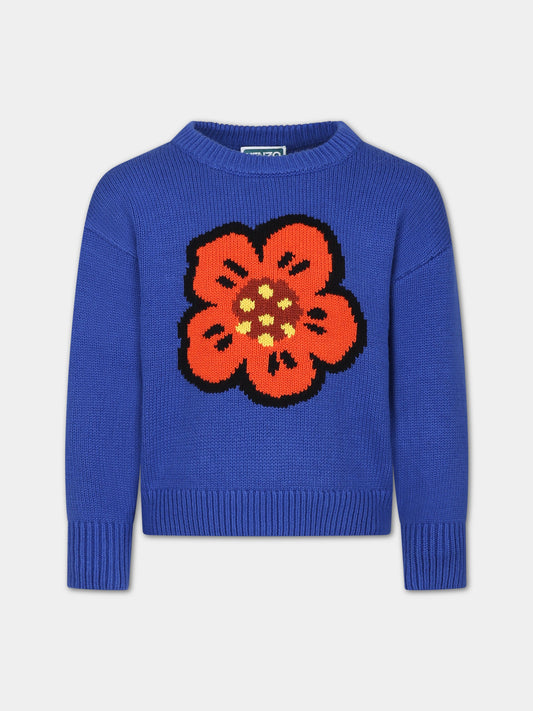 Maglione blu per bambini con ricamo fiore,Kenzo Kids,K15682 829