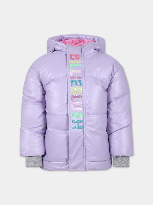 Piumino lilla con logo in paillettes per bambina,Billieblush,U16366 MALVA