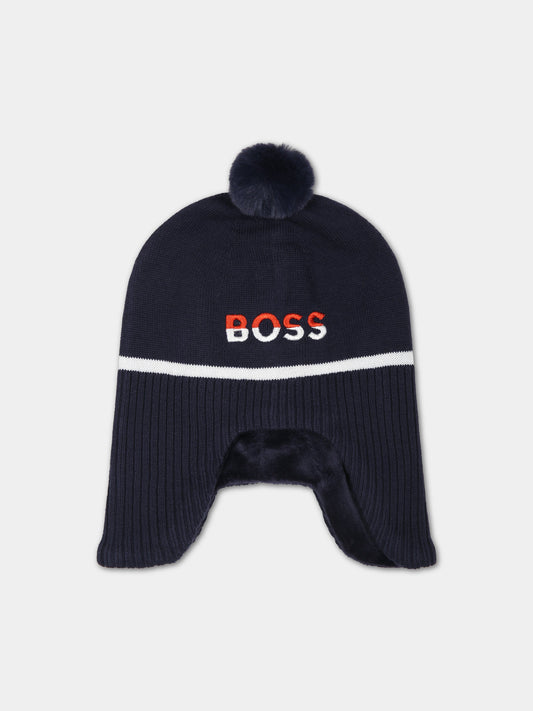 Berretto blu  per neonato con pon-pon,Boss,J91149 849