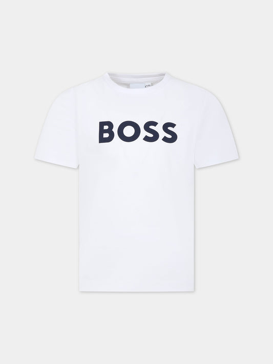 T-shirt bianca per bambino con logo blu,Boss,J25P24 10P