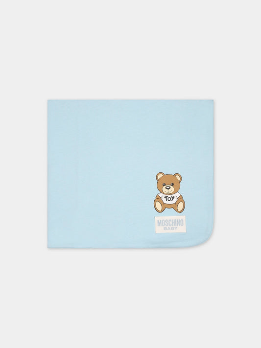 Coperta celeste per neonato con Teddy Bear e logo,Moschino Kids,MXB005 LCB38 83439